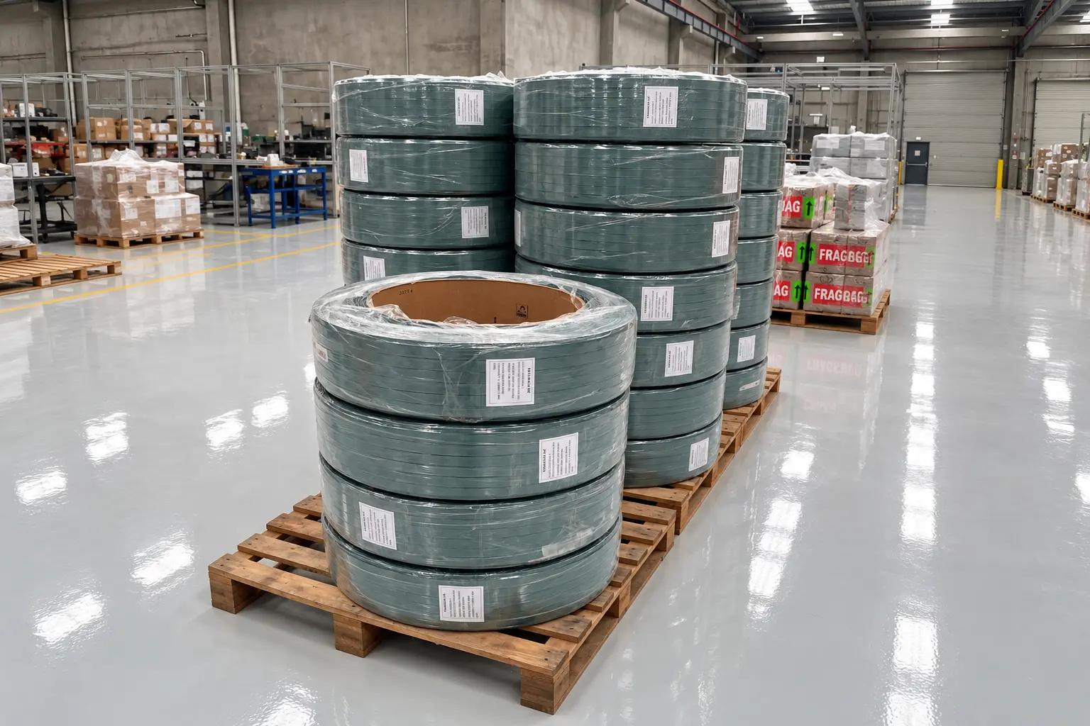 Bobinas de zuncho de poliéster verde sobre pallets en la planta de Facainpack SAC